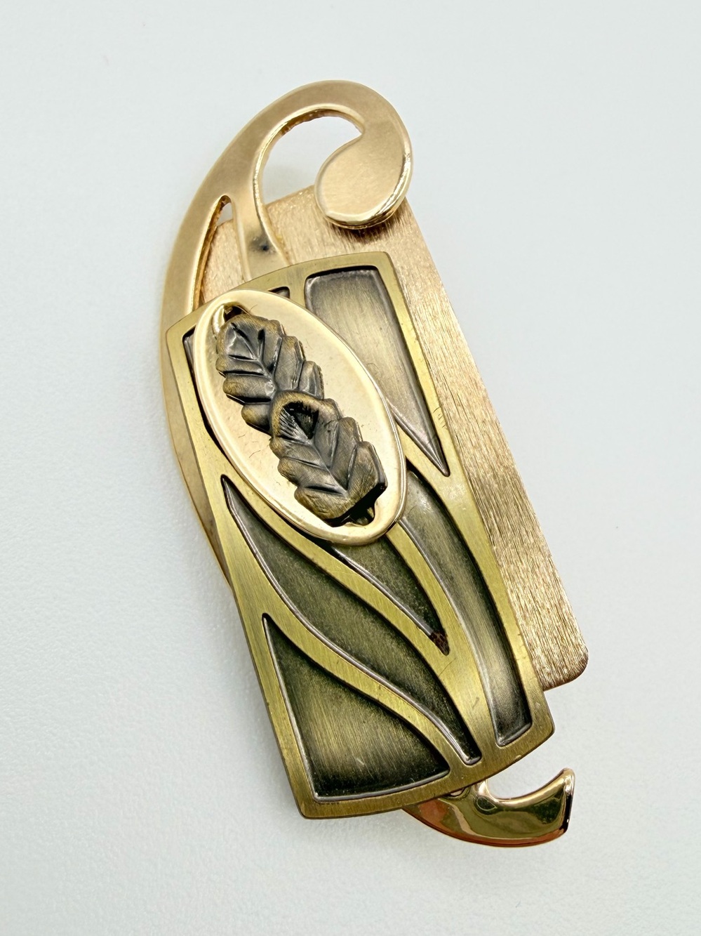 Vintage Modernist Gold & Brass Tone Leaf Brooch Geometric